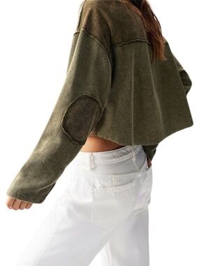 Bohemela Army Green Waffle Knit Patchwork Relaxed Long Sleeve Crop Top Size L